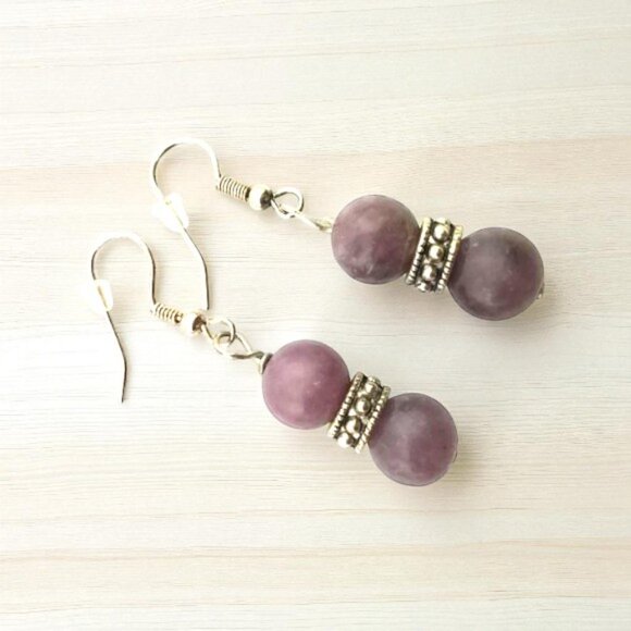 Lavender Purple Jade Earrings Silver Plated Ear Wires - Picture 3 of 7